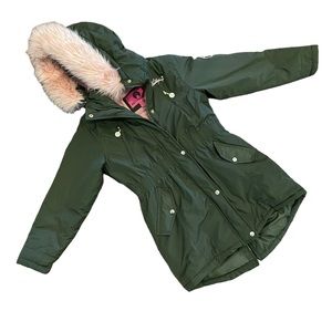 Weatherproof Puffer Parka Jacket Girl's Hooded Green Pink Coat Size Large 12/14